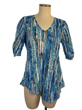 Snoskins Asymmetrical Crinkle Stretch Top Women's Medium Abstract Blue V-Neck